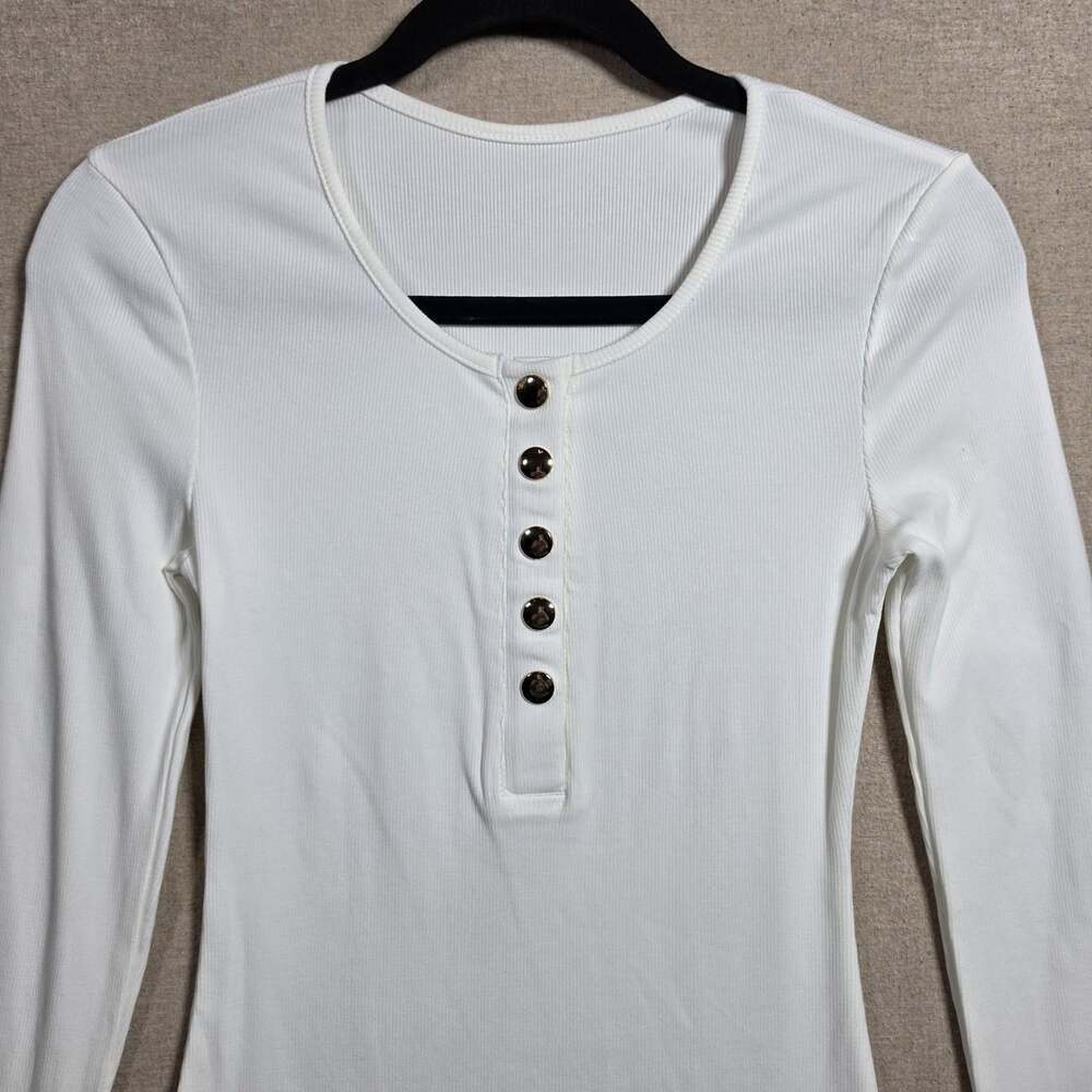 Ribbed Long Sleeve Henley Gold Snapp Womens Size S White - Picture 10 of 10